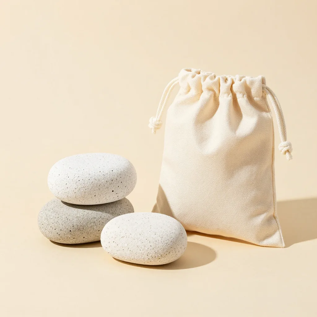 A caldera gift set of pumice stones in a cotton pouch on a light background