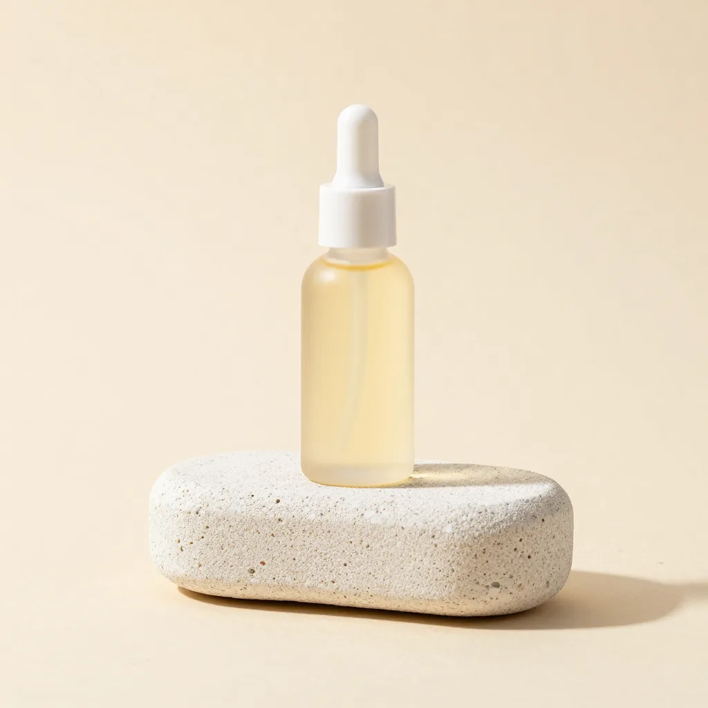 A pumice stone with a bottle of foot oil on a light background