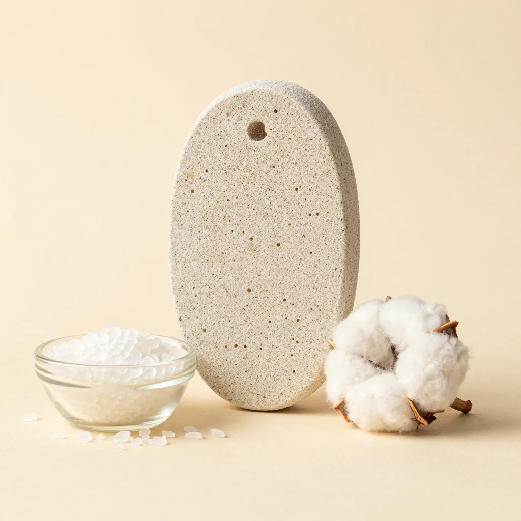 An island bath set with a pumice stone and bath salts in cotton on a light background